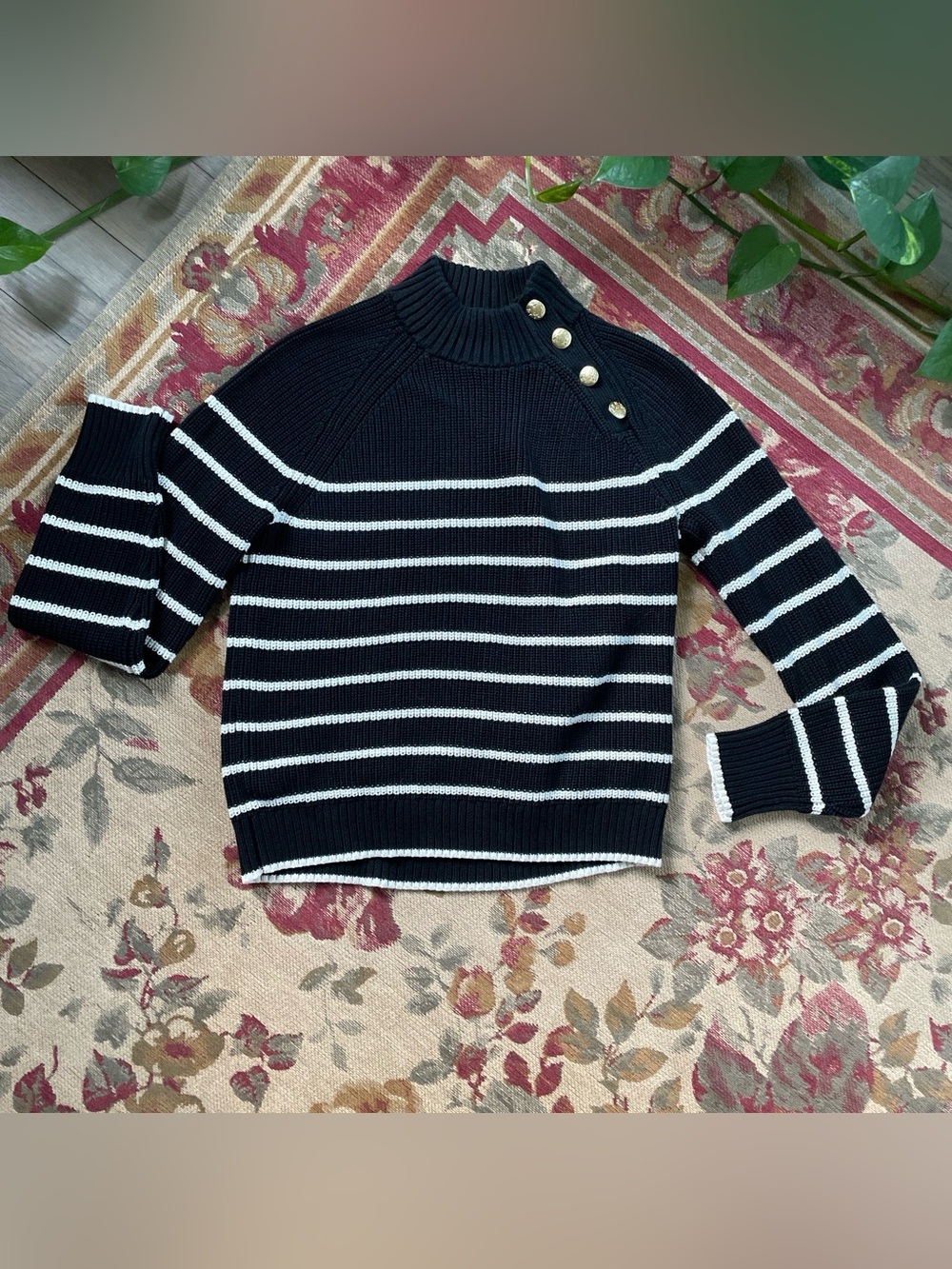 J.Crew Black & White Striped Cotton Button-Shoulder Mock Neck Sweater